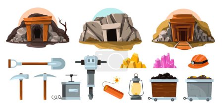 Illustration for Mine tools. Cartoon miner worker tools, mining cart with drill hammer pickaxe, underground cart with mining equipment flat style. Vector isolated set. Wheelbarrow with coal and gemstones - Royalty Free Image