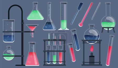 Illustration for Chemistry tools. Cartoon chemical laboratory equipment, scientific research equipment, pharmaceutics and biology lab equipment. Vector isolated set. Education at school, chemical analysis - Royalty Free Image