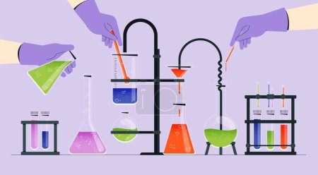 Illustration for Chemical laboratory equipment. Chemist tools and reagents, chemical research and biological experimentation process. Vector flat set. People doing substance analysis, biochemistry concept - Royalty Free Image