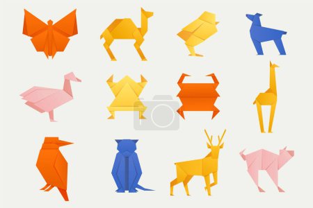 Téléchargez les illustrations : Animaux origami colorés. Modèles animaux en origami plié, animaux de zoo japonais collection de modèles de papier plié en style plat de dessin animé. Collecte vectorielle. Flamant rose vif, oiseau ou crabe - en licence libre de droit