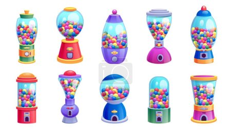 Illustration for Candy vending machine. Cartoon ball gum with colorful sweets, retro vending machine with bubble gumball capsules. Vector isolated set of machine vending candy illustration - Royalty Free Image