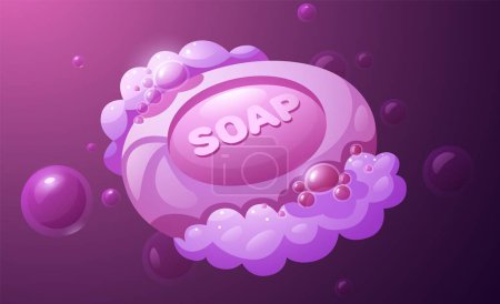 Illustration for Cartoon soap with bubbles. Colorful foam and lather liquid soap for health and clean. Wet foamy soap for personal care vector set of soap foam bubble illustration - Royalty Free Image