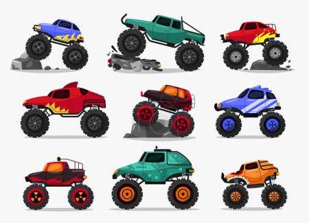Illustration for Cartoon monster truck. Diesel 4WD offroad vehicle with turbo engine and mud bogging tires, muscle car with flat tires and suspension. Vector isolated set of car race truck monster 4x4 illustration - Royalty Free Image