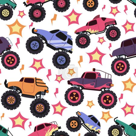 Illustration for Monster truck pattern. Seamless print of vehicle with monster truck tires and engine, cartoon road vehicle texture for wrapping paper printing. Illustration of vehicle pattern car transportation - Royalty Free Image