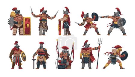 Illustration for Gladiator characters. Cartoon ancient roman gladiator warrior in different fighting and standing poses, 2D game asset. Vector isolated set of roman gladiator illustration - Royalty Free Image