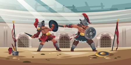 Illustration for Gladiators in coliseum. Ancient roman warrior characters in arena, cartoon antique gladiators with shield and weapons fighting. Vector illustration of ancient gladiator coliseum - Royalty Free Image
