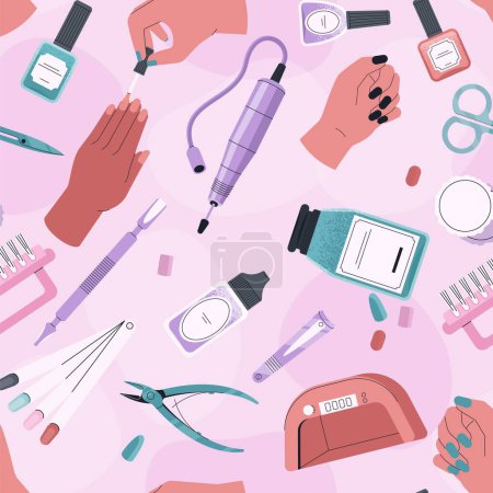 Illustration for Manicure tools pattern. Seamless print of pedicure tools, cartoon nail polish tools for fingers and toes. Vector texture of pattern seamless manicure illustration - Royalty Free Image