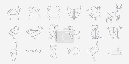 Téléchargez les illustrations : Ligne origami animaux. Géométrique plié animaux traditionnels japonais papercraft, esquisse simple zoo plié. Collecte vectorielle. Faune animaux asiatique artisanat, créatif passe-temps isolé ensemble - en licence libre de droit