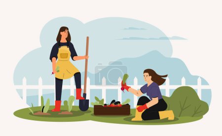 Illustration for Agricultural employees working in garden. Woman planting radishes with shovel. Friend helping and giving vegetables from box. Young people doing seasonal work with equipment vector - Royalty Free Image