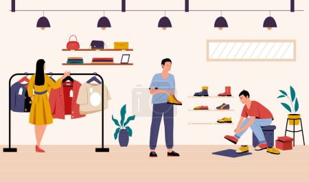 Illustration for Clothing shop. Shop assistant bringing sneakers for customers. Female character choosing jackets oh hangers. Retail store with different footgear, bags. Fashionable products vector - Royalty Free Image