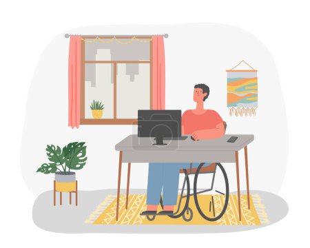 Illustration for Disabled man in wheelchair working at computer in home. Freelance worker sitting at desk in front of desktop computer. Inclusive workplace with cartoon man character vector illustration - Royalty Free Image