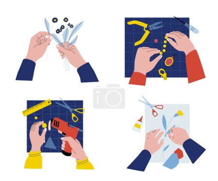 Illustration for DIY handkraft. Human hands making appliques, gluing flowers, cutting paper with scissors. Handmade jewelry, creative hobby. Craftsman with tools for card design vector set illustration - Royalty Free Image