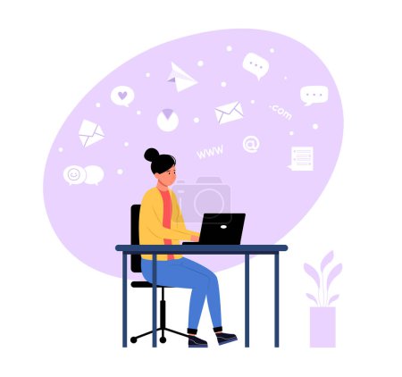 Illustration for Email and messaging concept. Woman sitting at desk working on laptop. Female character receiving correspondence, answering messages at work. Person connecting and communicating online vector - Royalty Free Image