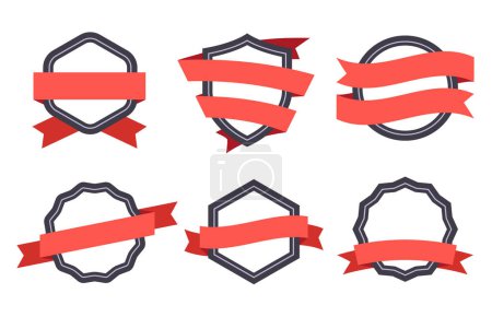 Illustration for Flat ribbon banner badge. Premium quality certificate or reward. Frames of different geometric shapes with red curved tapes. Commercial offer isolated set. Templates for achievements vector - Royalty Free Image