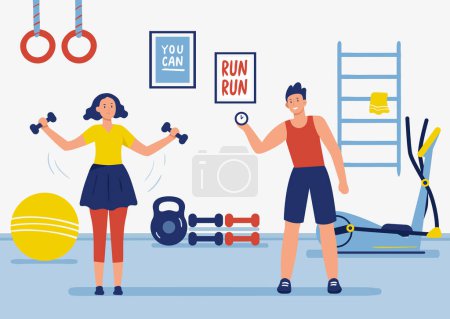 Illustration for Gym coach. Fitness training workout and exercise. Woman lifting dumbbells, trainer standing with stopwatch. Physical activity with equipment indoors, healthcare cartoon vector illustration - Royalty Free Image