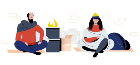 Illustration for Homeless people sitting outside. Poor people in old clothing sitting on ground near fire. Depressed beggars in poverty, jobless unhappy people. Male and female characters in crisis vector - Royalty Free Image