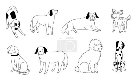 Illustration for Cute doodle dog. Outlined black puppies in various positions. Hand drawn playing, running and lying. Adorable animal friends of different breeds. Domestic animals isolated vector set - Royalty Free Image