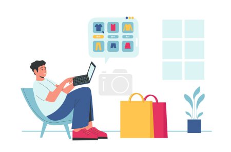 Illustration for Online shopping. Man sitting with laptop and choosing clothes in shop. Guy buying goods in internet. Male character ordering at home shopping bags. Clicking to buy t-shirt on website vector - Royalty Free Image