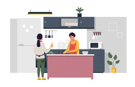 Illustration for People cooking at home. Husband and wife preparing food in kitchen together. Man cutting vegetables to make salad. Woman holding bottle of oil. Couple making dinner indoors vector illustration - Royalty Free Image