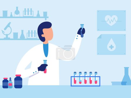 Illustration for Scientist work in laboratory. Male researcher in uniform working with test tubes in laboratory. Person biochemist doing experiment or liquid analysis. Checking blood samples vector - Royalty Free Image