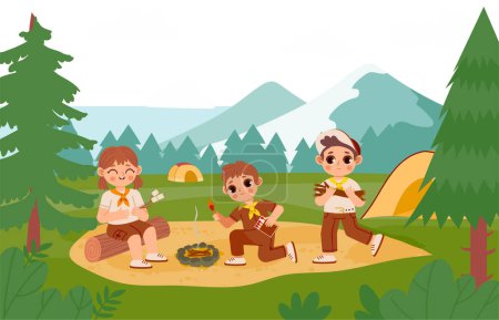 Illustration for Scout kids by bonfire. Children in uniform grilling marshmallows outdoors in forest. Boy carrying firewood and matches to make campfire. Tourism or expedition outside on nature vector - Royalty Free Image