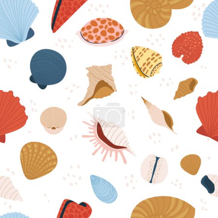 Illustration for Seashell seamless pattern. Tropical and nautical elements. Ocean underwater conch or mollusk textile print. Exotic marine scallops, aquatic seafood and shellfish fabric vector illustration - Royalty Free Image