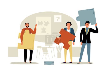 Illustration for Teams working on project. Colleagues holding puzzles, office workers collaborating together. People cooperating and brainstorming, employees solving tasks, working in team vector illustration - Royalty Free Image