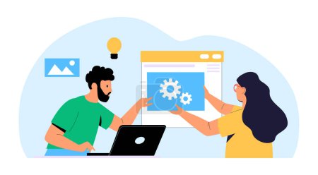 Illustration for Web development creating mobile web page. Programmers making website, female and male developers working on software. Man generating idea, woman making interface vector illustration - Royalty Free Image