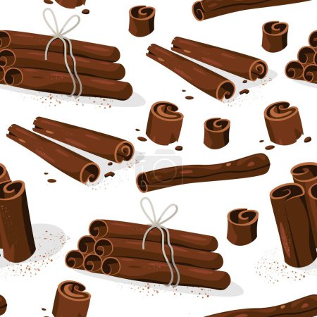 Illustration for Cinnamon spice pattern. Seamless print of brown sticks of dried bark for baking, sweet aromatic culinary natural ingredient for food. Vector texture. Seasoning for baking pastries, delicious objects - Royalty Free Image