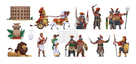 Illustration for Ancient Rome citizens. Cartoon ancient roman man and woman, antique roman army and gladiator character in armor, persons in historic clothes. Vector set. Isolated people in military costumes - Royalty Free Image