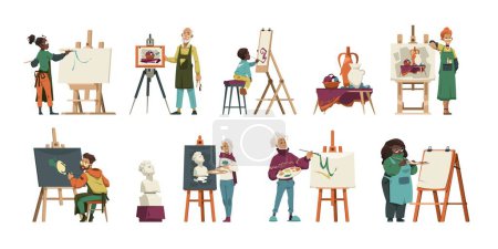 Illustration for Artist characters at work. Cartoon creative artists at sketching and painting, master working with clay model, handcraft activity. Vector set. Kids and adults drawing on easel, sculpting - Royalty Free Image