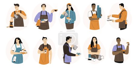 Illustration for Barista character. Cartoon cafe worker preparing coffee and espresso, barista making cappuccino and latte. Vector coffee shop employee isolated set. Man and woman in aprons serving drinks - Royalty Free Image