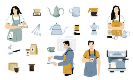 Téléchargez les illustrations : Barista avec équipement. Travailleurs de café préparant café et autres boissons, personnages de café et de café avec des appareils de tasses. Ensemble vectoriel. Personnel faisant et servant des boissons avec des appareils - en licence libre de droit