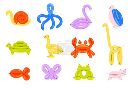 Illustration for Balloon animals. Cartoon helium gas twisted sculptures of cute animals, minimal abstract characters for children party decoration. Vector set. Colorful isolated frog, crab, butterfly, swan - Royalty Free Image