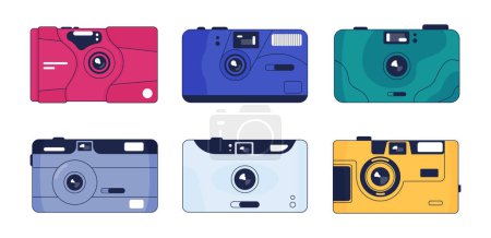 Illustration for Hipster retro camera with plastic lens. Technology for photo shooting, colorful vintage devices for photographers. Old-fashioned equipment with flashes, nostalgic gadget vector isolated set - Royalty Free Image