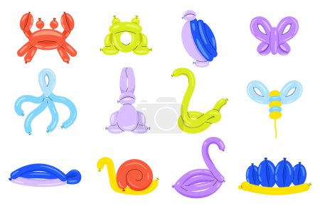 Illustration for Cartoon balloon pets. Cute helium animal characters, colorful bubble animals for birthday party decoration. Vector isolated set. Entertainment for children, colorful rabbit, snake, bee - Royalty Free Image