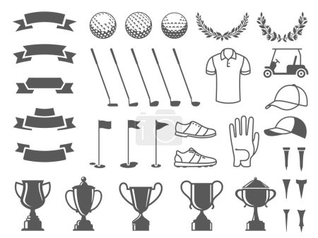 Illustration for Golf elements collection. Tee icons, ball silhouettes, cup stickers and ribbons, ball markers and putter badges. Sport game elements vector set of sport goblet and cap illustration - Royalty Free Image
