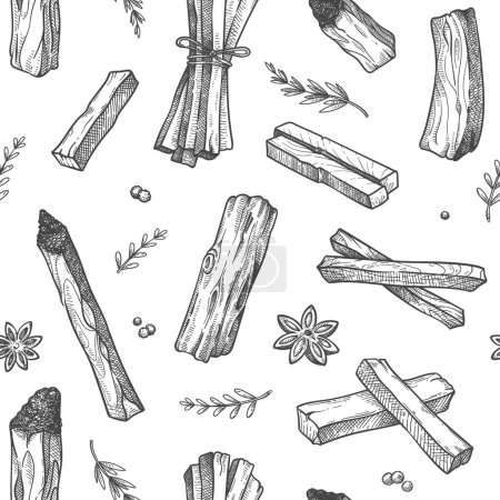 Palo santo pattern. Seamless print of folklore ritual burning stick, hand drawn aroma wood pile for fabric wallpaper. Vector texture of seamless background illustration