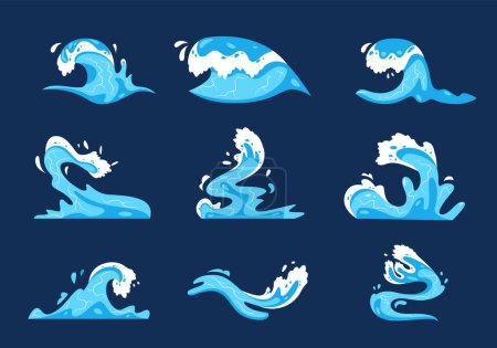 Illustration for Cartoon wave splash. Ocean wave in motion, sprite sheet of curly sea waves, swirl aqua symbol and waterfall element. Vector isolated set of sea water splash motion illustration - Royalty Free Image