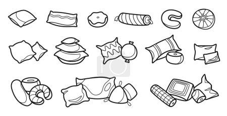 Illustration for Outline pillows. Sketch of domestic fluffy cushion, comfortable bed textile doodle elements, soft home textile doodle flat style. Vector isolated set of domestic feather, fluffy pillow illustration - Royalty Free Image