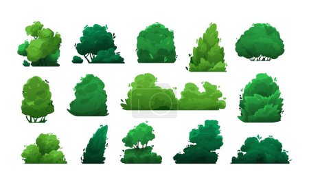 Illustration for Cartoon bushes. Green shrubs and trees for garden, hedge and field, floristic decorative elements in flat style. Vector isolated set of garden green plant, tree forest illustration - Royalty Free Image