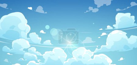 Illustration for Cartoon summer sky. Landscape of bright sunny day with floating white cumulus clouds, outdoor scenery with blue sky background. Vector illustration of cloud landscape summer decoration - Royalty Free Image