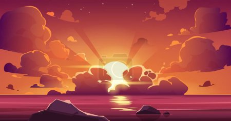 Ilustración de Cielo del atardecer del mar de dibujos animados. Océano paisaje de playa con nubes púrpuras flotantes y cerca de la orilla, el sol del mar se levanta telón de fondo. Vector puesta del sol paraíso vista ilustración de puesta del sol océano, paisaje mar cielo - Imagen libre de derechos