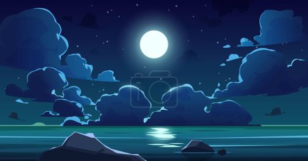 Illustration for Cartoon night sea sky. Midnight sky with moon, blue moonlight and stars, magic evening seascape of ocean shore and cumulus clouds. Vector landscape of landscape midnight seascape illustration - Royalty Free Image