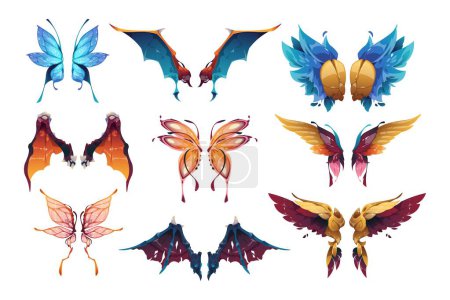 Téléchargez les illustrations : Des ailes de fée de dessin animé. Formes abstraites de papillon magique fantaisie et plume d'oiseau, de beaux anges ailés et des éléments de caractère de conte de fées. Ensemble isolé vectoriel de dessin animé conte de fées illustration - en licence libre de droit