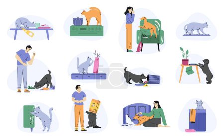 Illustration for Pets bad behavior. Cartoon naughty cat and dog destroy home, mischievous animals make mess and chaos. Vector flat set of pet behavior, cartoon illustration - Royalty Free Image