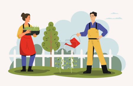 Téléchargez les illustrations : Employés agricoles travaillant dans le jardin avec des outils. Vecteur de l'agriculteur employé, personnage de dessin animé travailleur, personne de la ferme illustration organique - en licence libre de droit