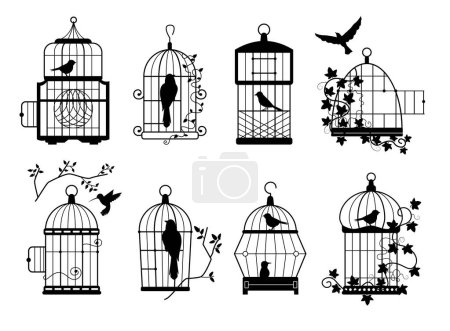 Illustration for Bird cage silhouettes. Illustration birdcage design, silhouette set vintage, animal with wing, freedom and prison, empty and closed metal captivity vector - Royalty Free Image