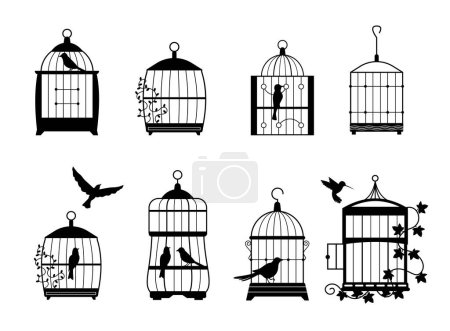 Illustration for Black wall decals with flying birds in cages collection of captivity escape, trapped and enclosed collection, bird in cage illustration - Royalty Free Image