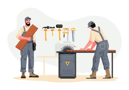 Illustration for Carpenters with furniture. Vector of worker and craftsman illustration, carpentry construction, wooden repair, professional equipment - Royalty Free Image